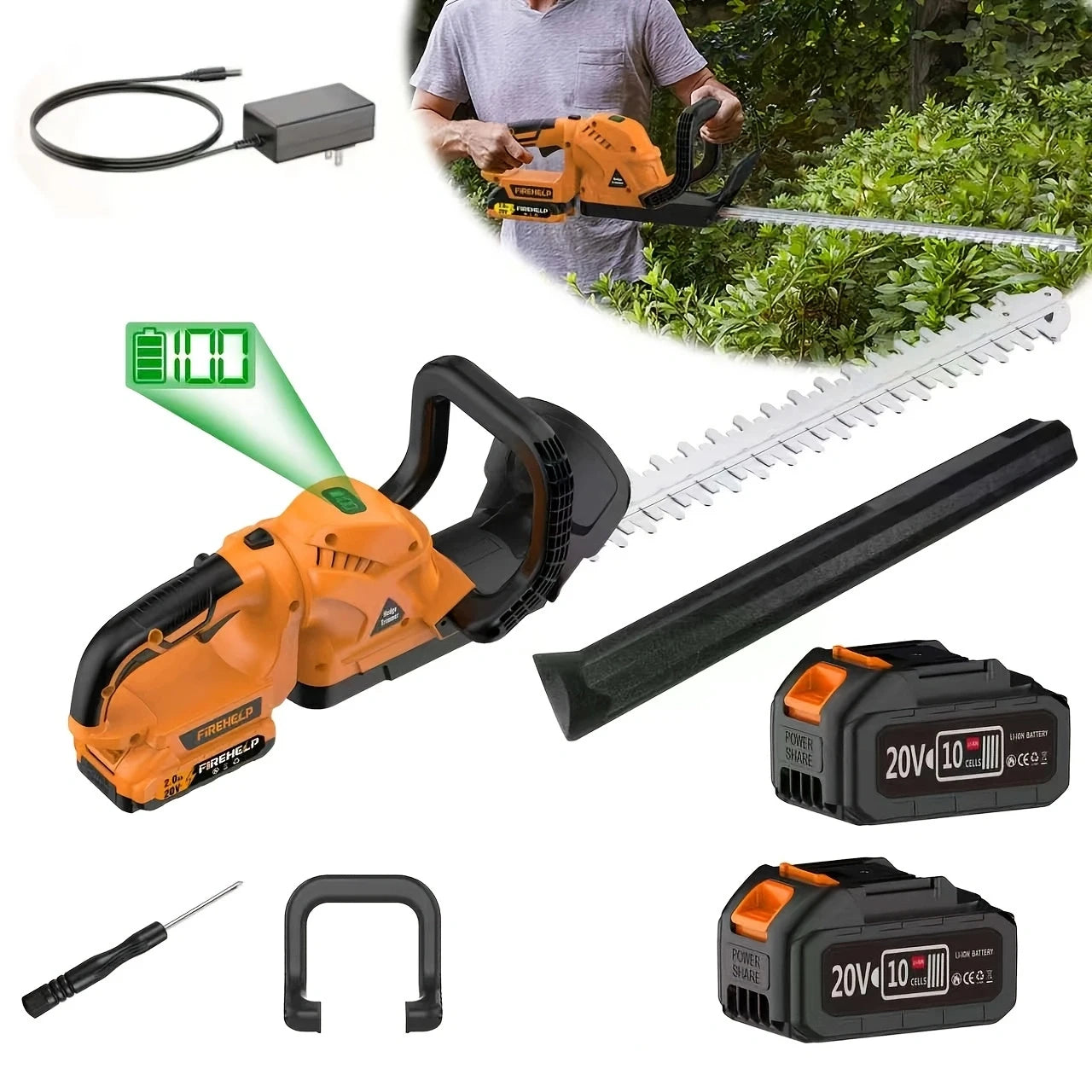 Firehelp Cordless Hedge Trimmer and Pruner, 20V Battery, 23.62-Inch Blade