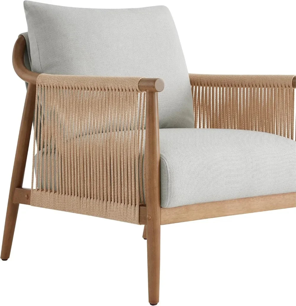 Set of 2 Braid Accent Chairs with Solid Wooden Armrests, Modern Boho Reading Armchair for Living Room, Bedroom, Light Grey