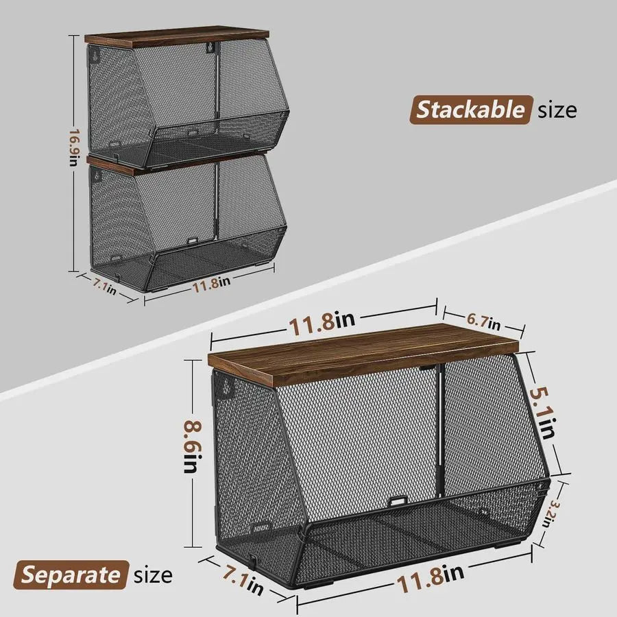 Fruit Basket for Kitchen Countertop Space Saving, Wall Mounted Mesh Metal Wire Baskets with Wood Lid Extra Storage, 2 Pack Kitch