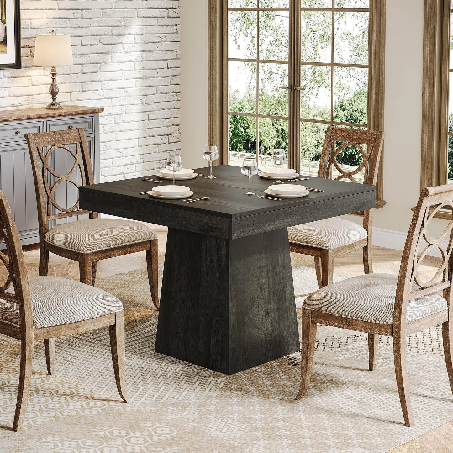Tribesigns Farmhouse Square Dining Table For Four With Pedestal Base