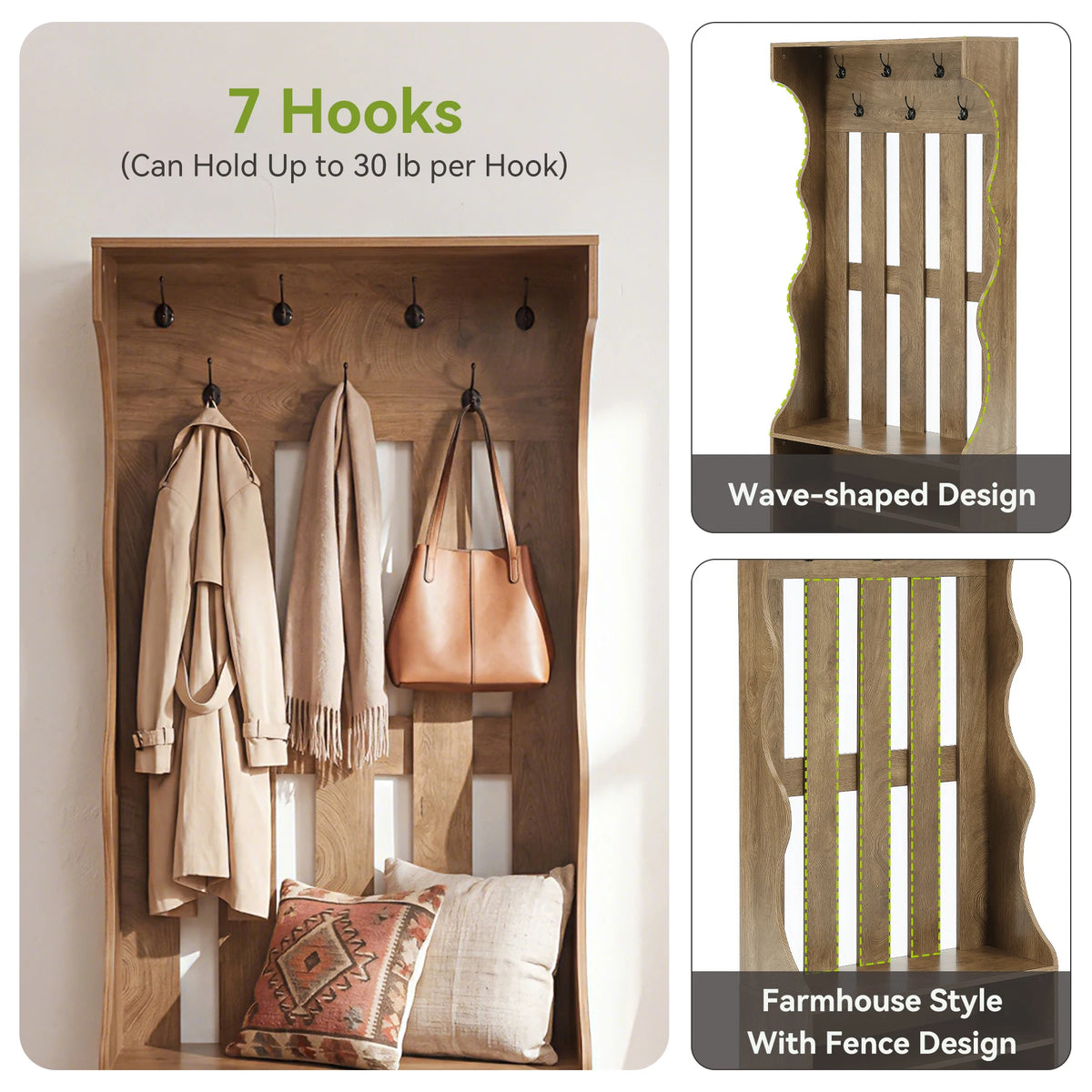 Tribesigns 3-In-1 Coat Rack with Shoe Bench, 70.9" Tall Hall Tree with 7 Hooks, Farmhouse Entryway Coat Rack with 2 Tier Shoe Storage for Entryway, Living Room, Bedroom, Brown