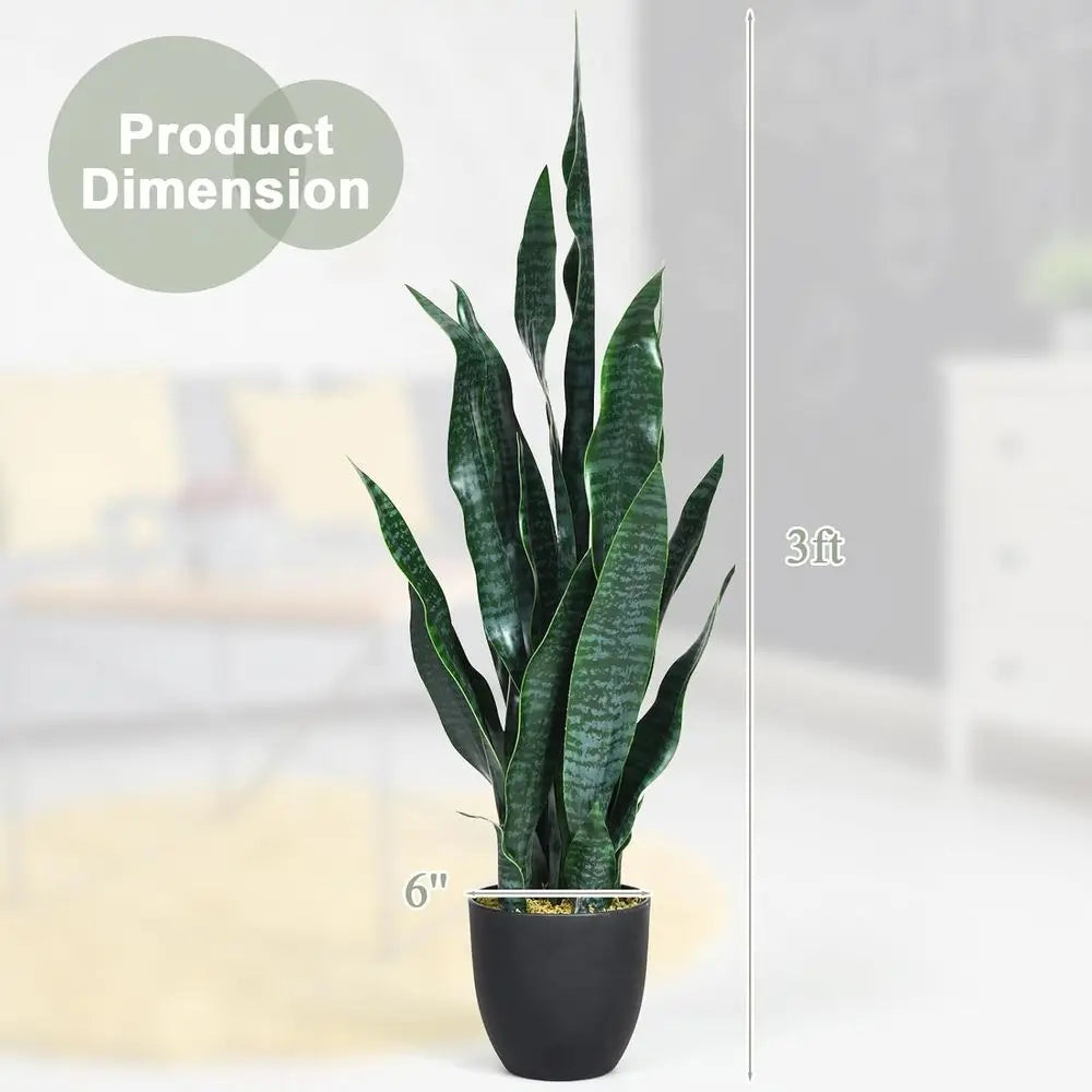 Artificial Snake Plant, 3 FT Fake Sansevieria Plant with 20 Thick Leaves, Faux Floor Plant in Black Pot for Living Room Home Of