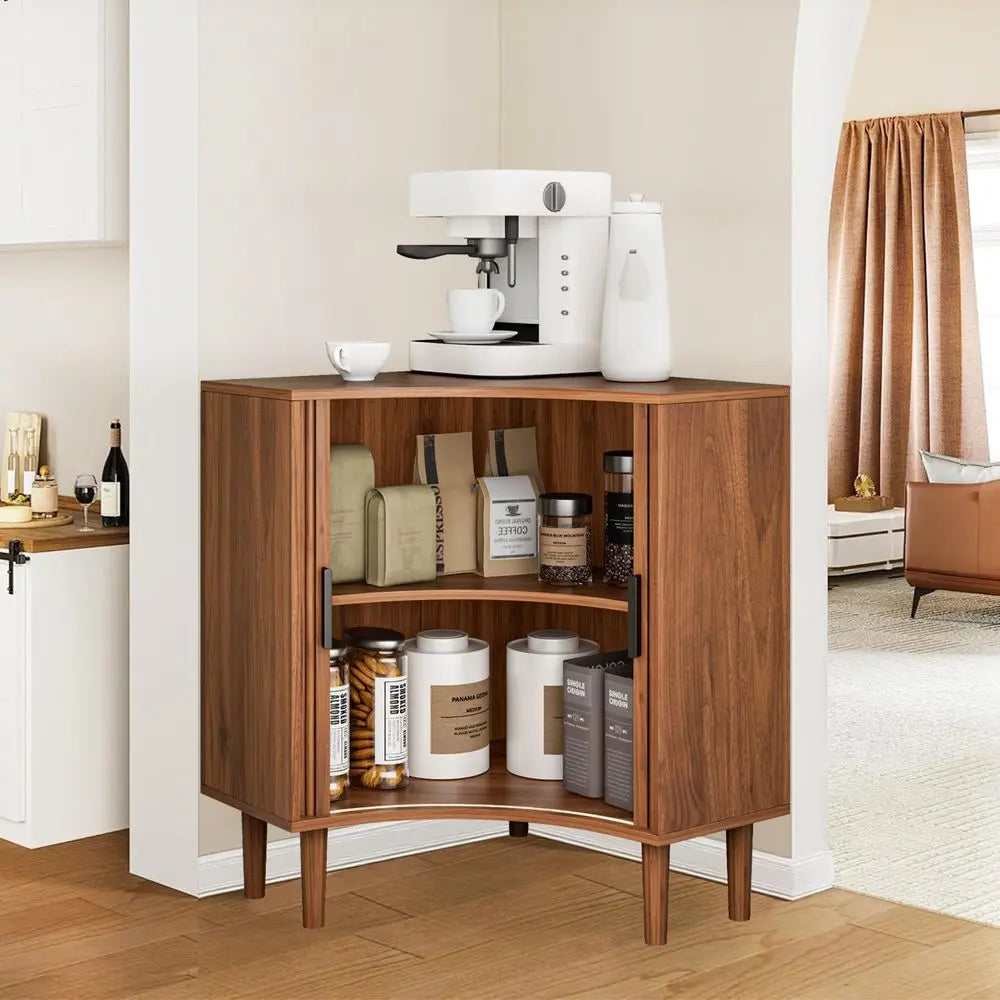 Corner Cabinet, Small Corner Floor Cabinet with Sliding Doors and Adjustable Shelves, Modern Wooden Freestanding Narrow Storage