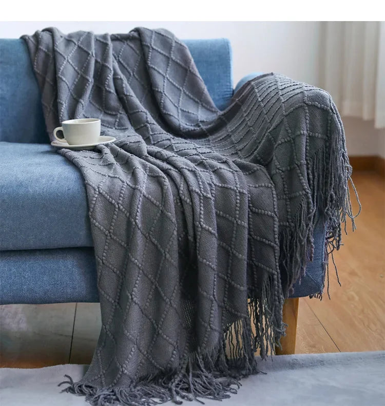 Nordic Knitted Acrylic Throw Blanket With Tassel Trim