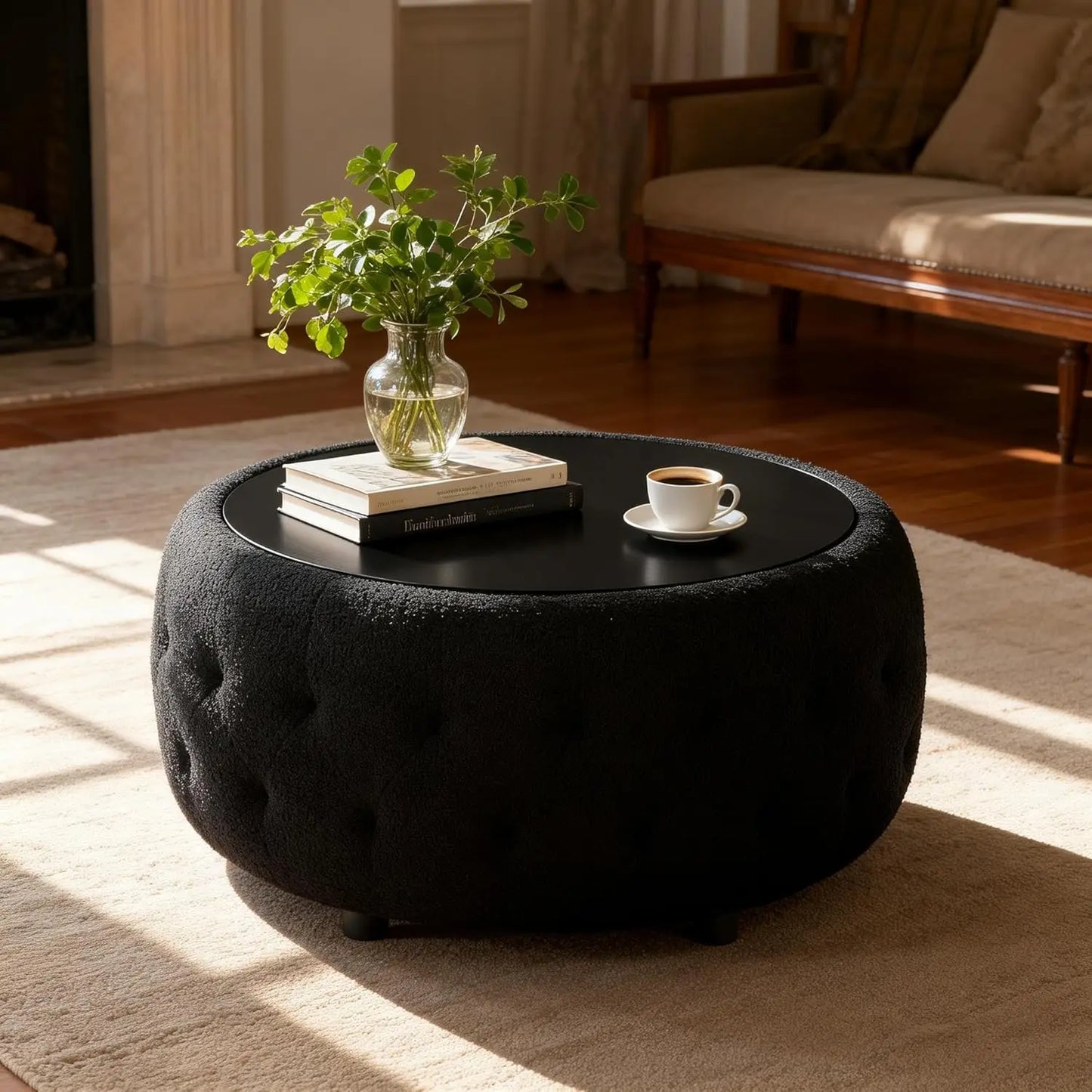 Round Storage Ottoman Coffee Table With Teddy Fabric