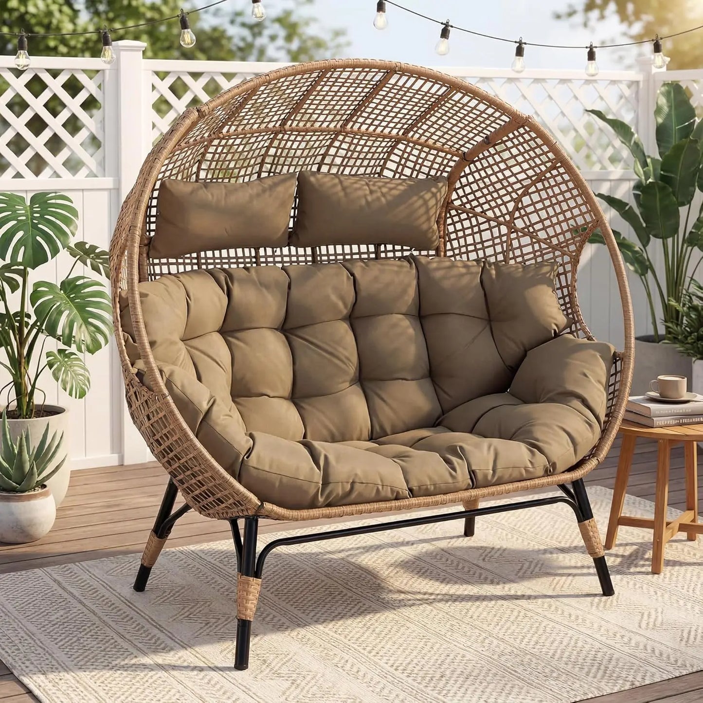 Double Egg Loveseat Wicker Rattan Cushioned Patio Sofa For Garden