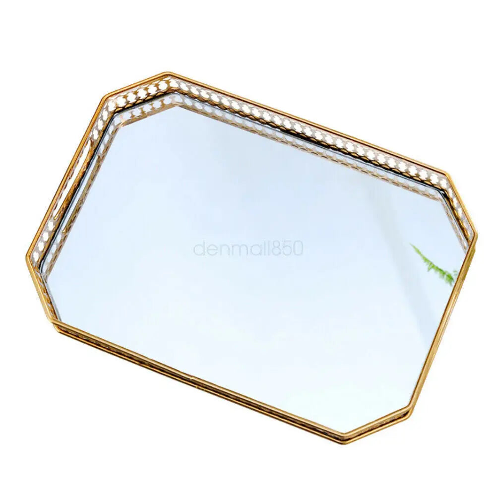 Large 35x25cm Golden Rectangular Metal Tray with Glass Top for Makeup Jewelry Storage Organizer in Living Room Bedroom Decor