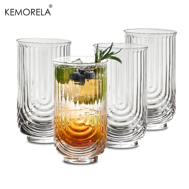 Set of 4 Vintage Arch Glass cups Ripple Glassware Highball Classic Transparent Cocktail Glasses for Bar Beverages Ice Coffee Jui