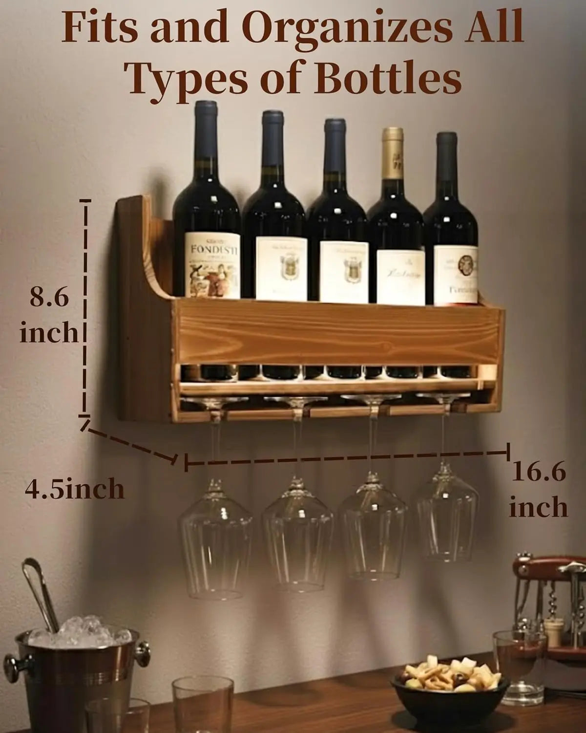 Wall Mounted LED Wine Rack with Glass Holder, 4-Bottle & 4-Glass Space-Saving Bar Shelves for Home Decor