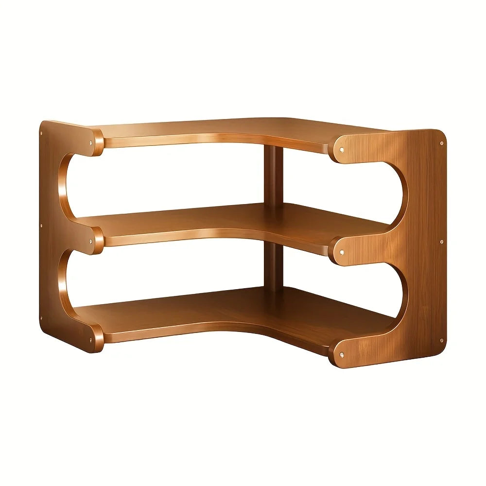 Three-Tier Bamboo Corner Desk Shelf Space-Saving Wall Mount Storage Rack