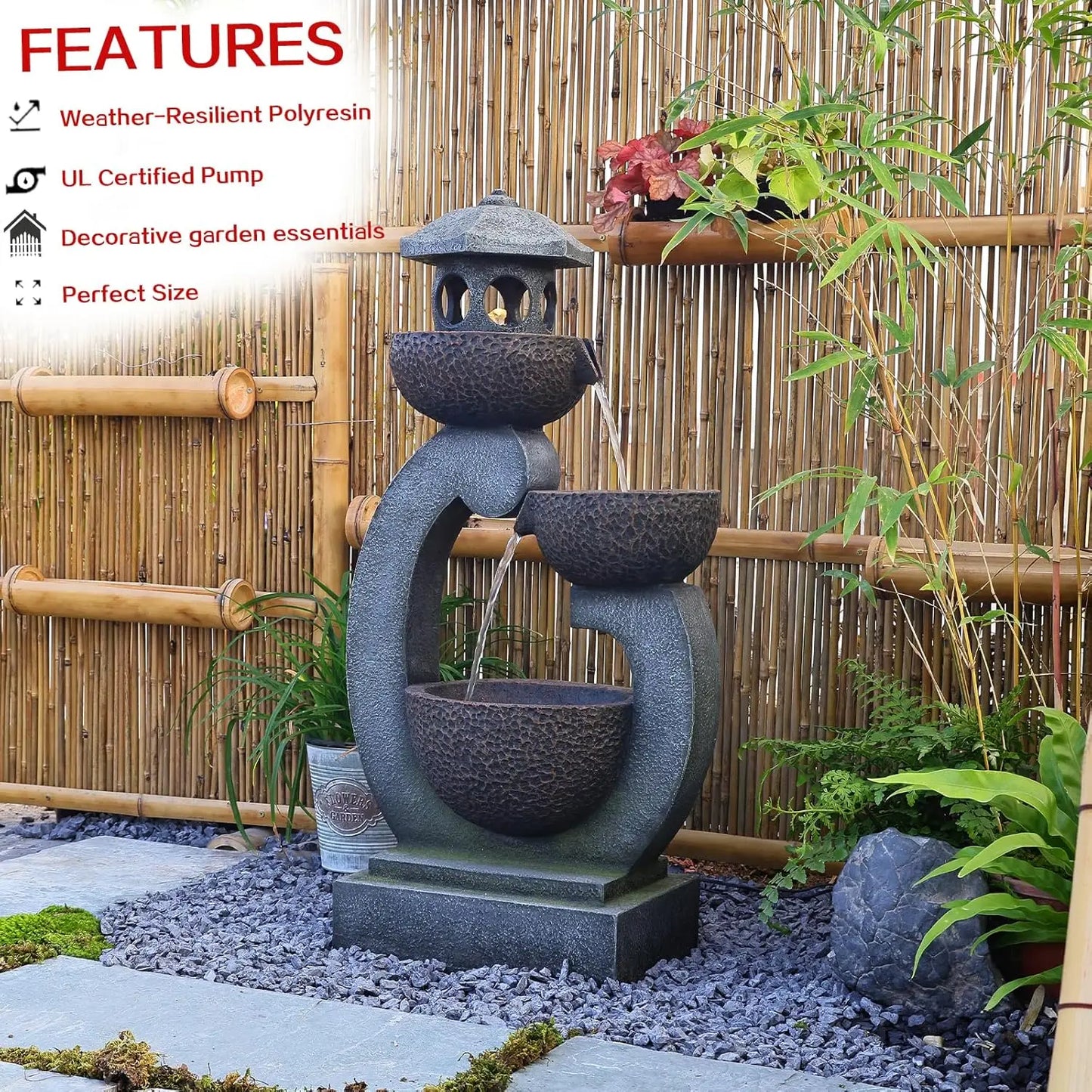 Outdoor Garden Water Fountain Zen Pagoda With LED Lights