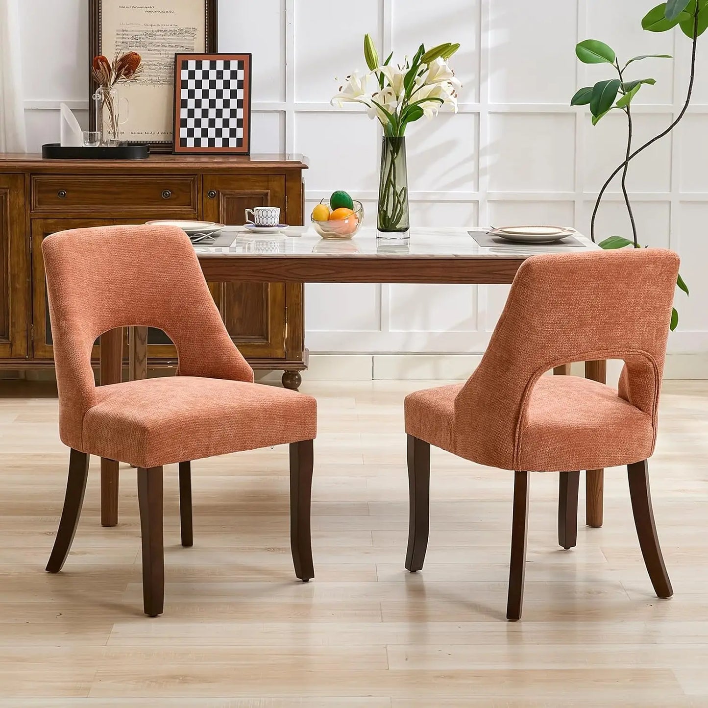 Wooden Dining Chairs Set Of 2 Mid Century Modern Chenille Upholstered