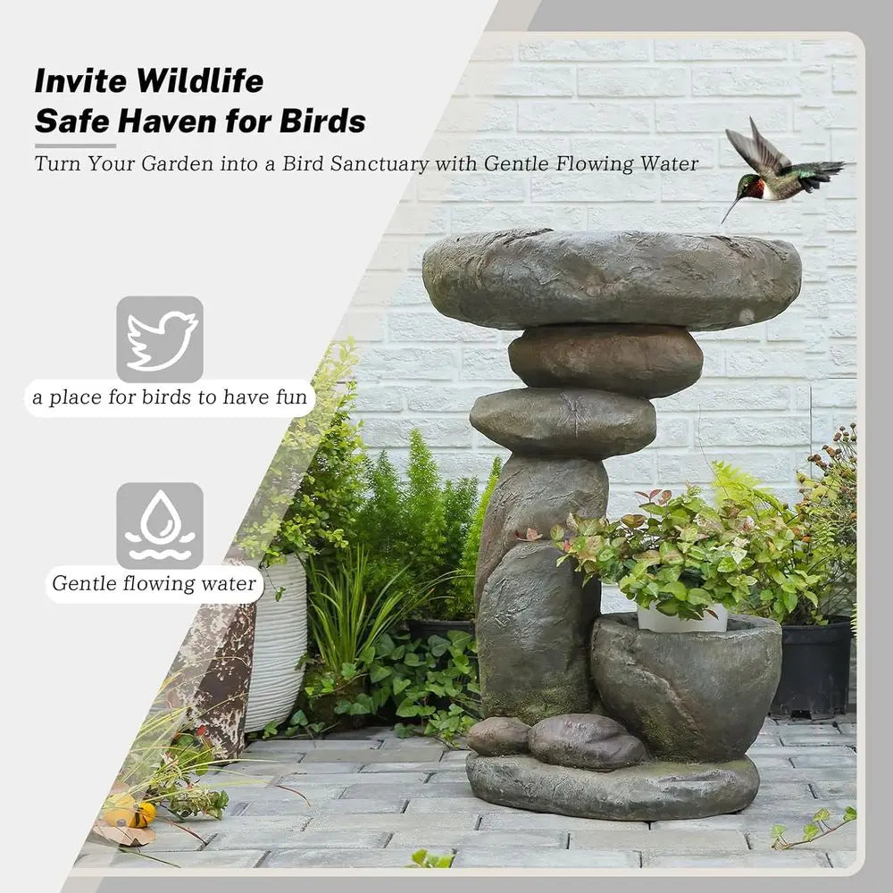 Outdoor Rock Waterfall Fountain With Planter And LED Lights