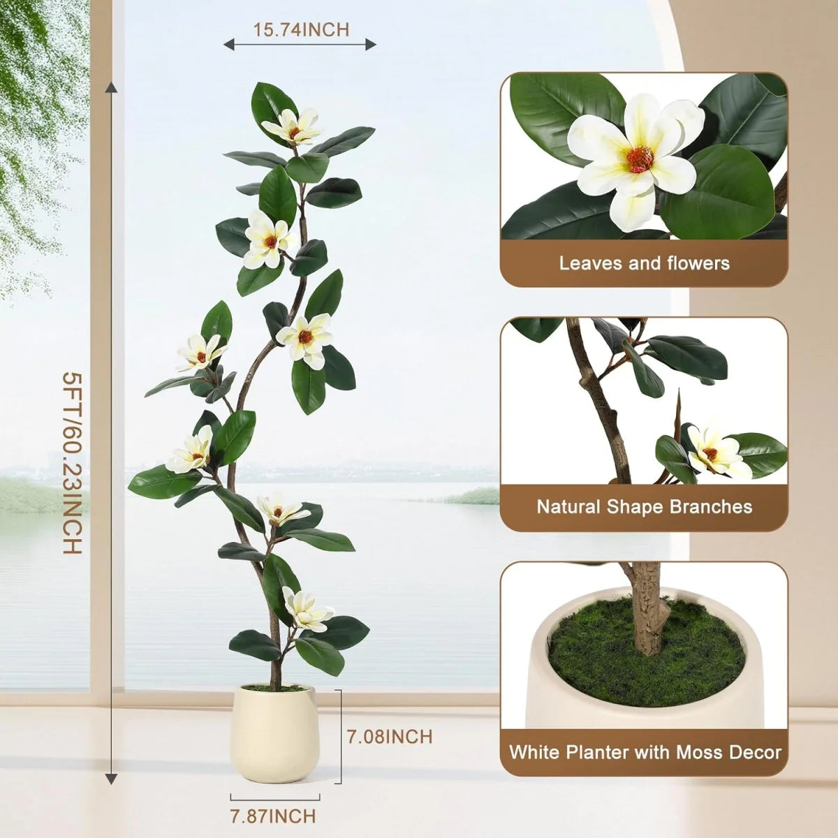 HiMISS Artificial Magnolia Floor Tree in Planter Pot for Home