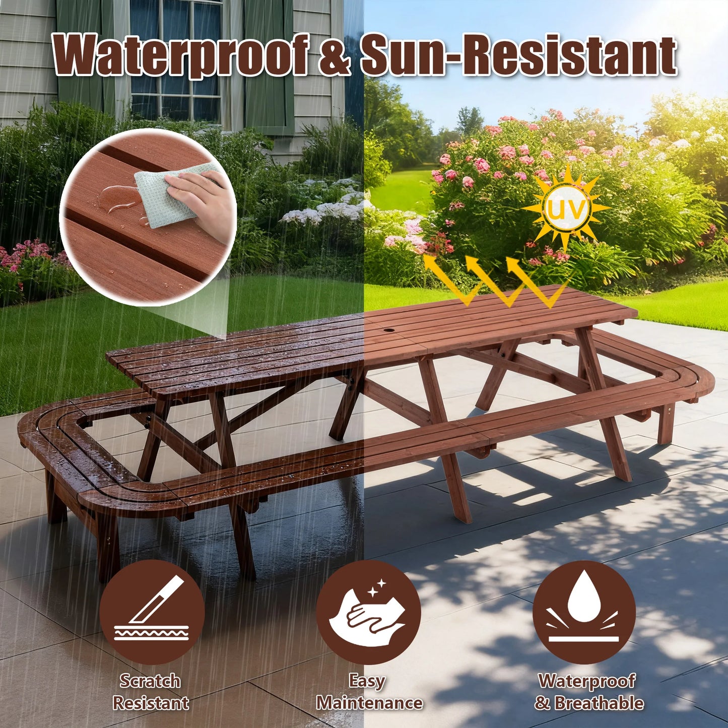 Wooden Outdoor Picnic Table With Umbrella Hole For Patio Deck