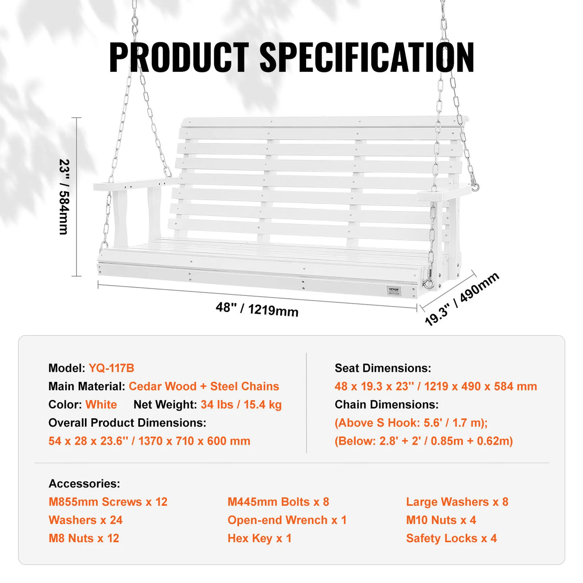 SucceBuy Wooden Porch Swing With 880 Lb Load Capacity