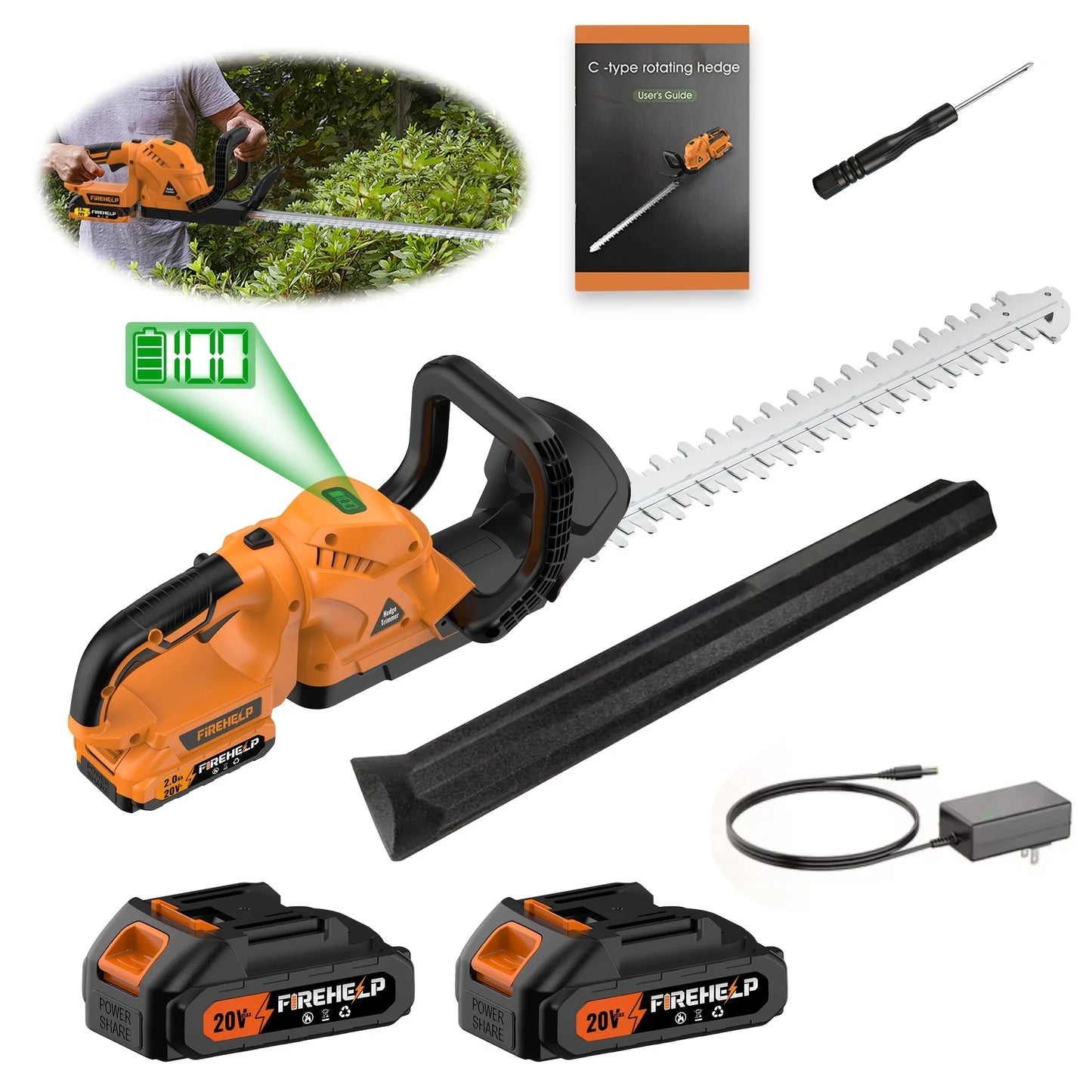 Firehelp Cordless Hedge Trimmer and Pruner, 20V Battery, 23.62-Inch Blade