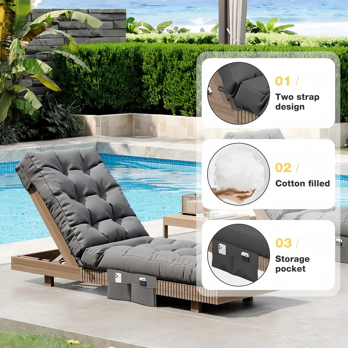 Aoxun Waterproof Outdoor Chaise Lounge Cushion with Storage Pocket, Replacement Patio Lounge Chair Pad with Ties, Grey (1-Pack / 2-Pack Options)