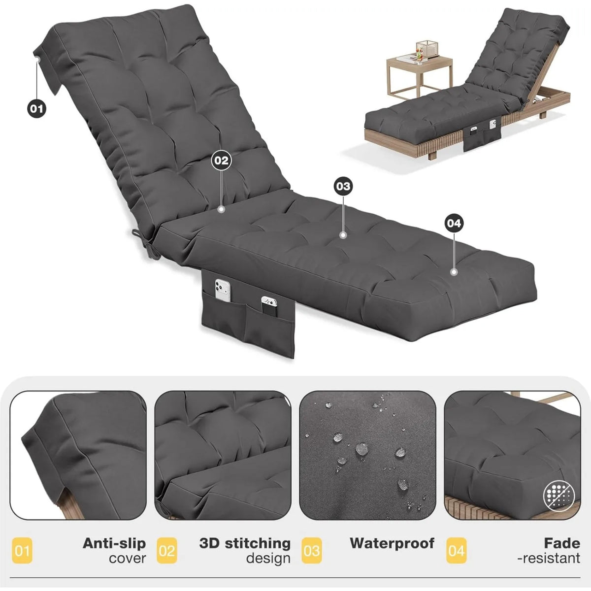 Aoxun Waterproof Outdoor Chaise Lounge Cushion with Storage Pocket, Replacement Patio Lounge Chair Pad with Ties, Grey (1-Pack / 2-Pack Options)