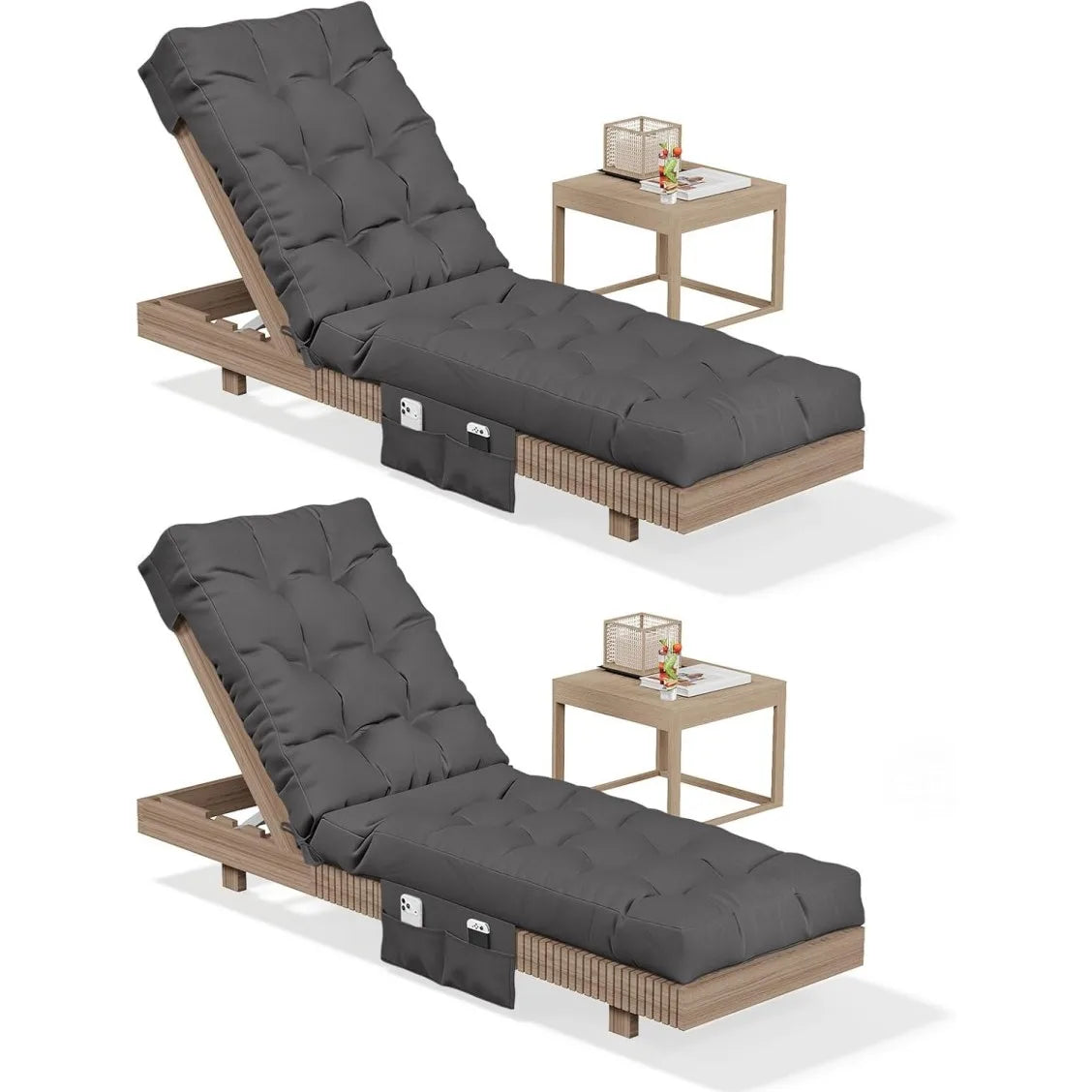 Aoxun Waterproof Outdoor Chaise Lounge Cushion with Storage Pocket, Replacement Patio Lounge Chair Pad with Ties, Grey (1-Pack / 2-Pack Options)