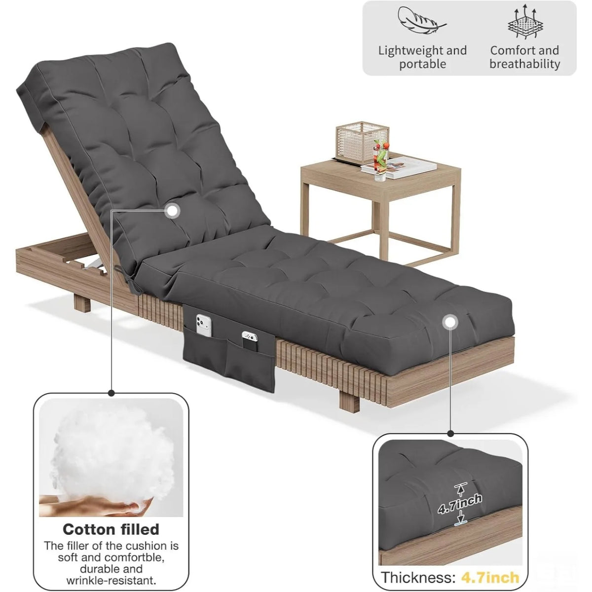 Aoxun Waterproof Outdoor Chaise Lounge Cushion with Storage Pocket, Replacement Patio Lounge Chair Pad with Ties, Grey (1-Pack / 2-Pack Options)
