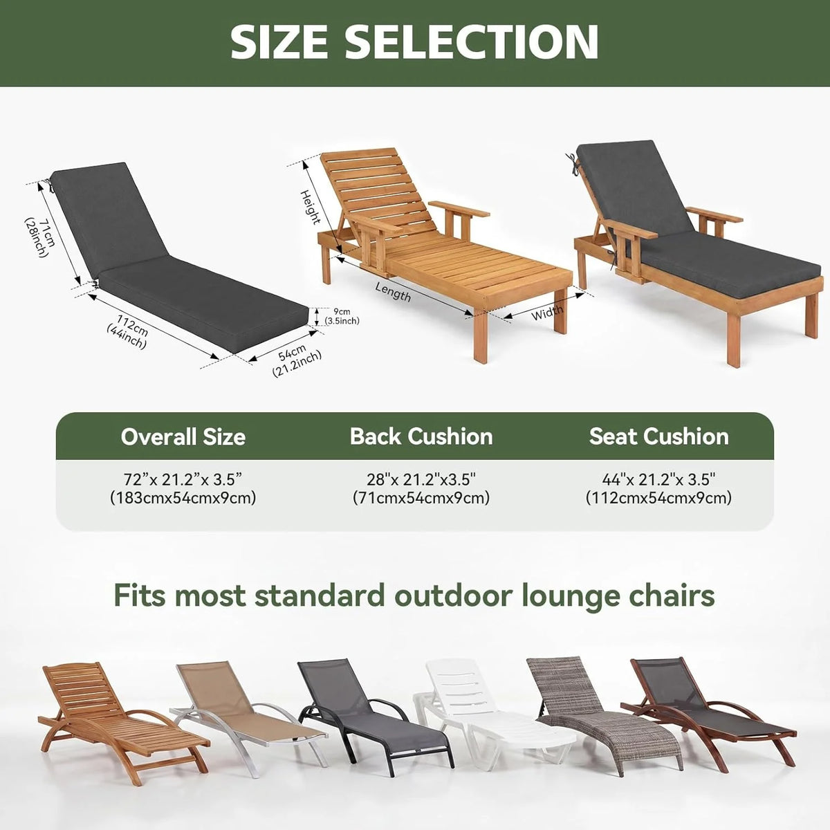 Aoxun Waterproof 72x21x3.5 Inch Chaise Lounge Cushion Set of 2 Patio Chair Replacement Pad with Removable Cover & 4 Ties Grey
