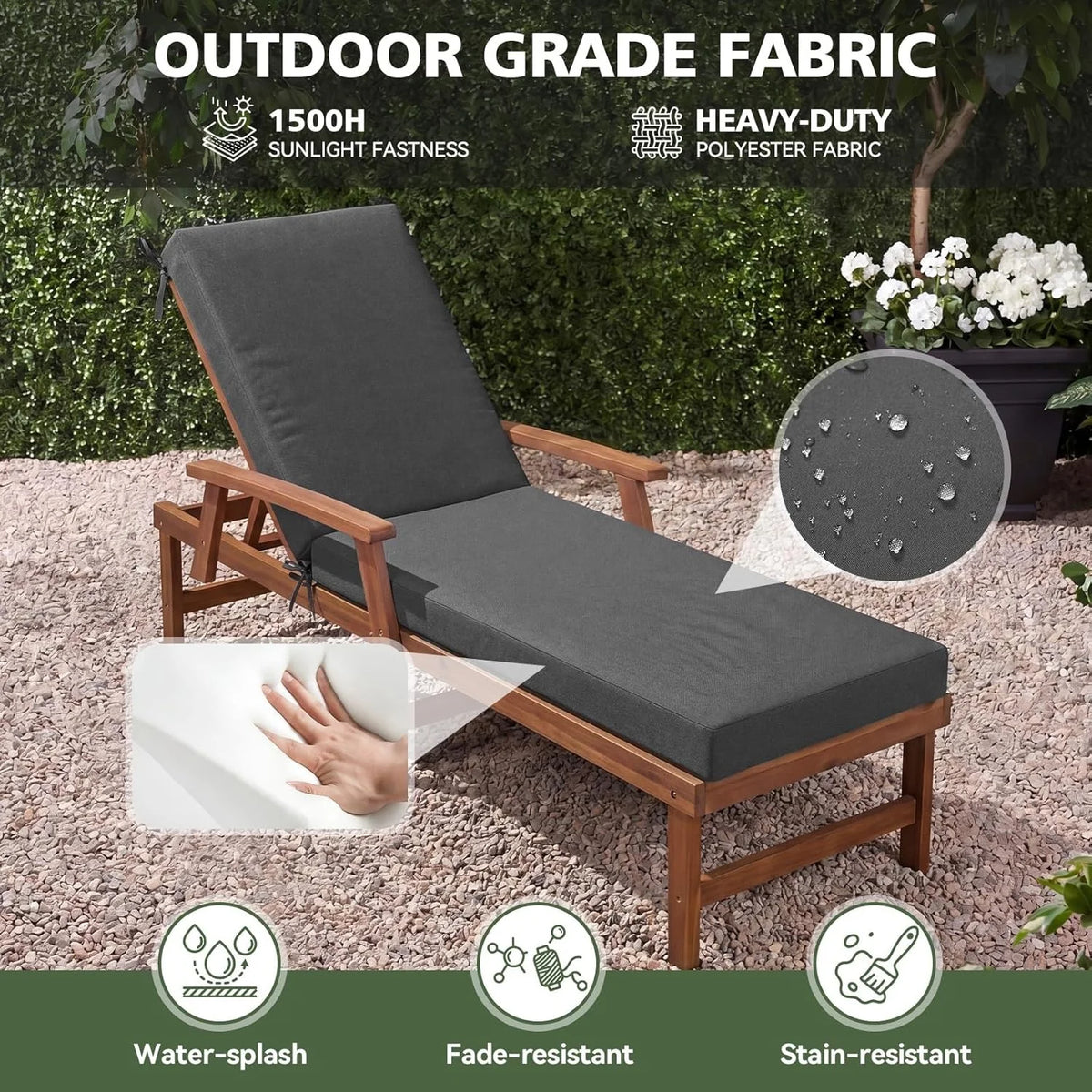 Aoxun Waterproof 72x21x3.5 Inch Chaise Lounge Cushion Set of 2 Patio Chair Replacement Pad with Removable Cover & 4 Ties Grey