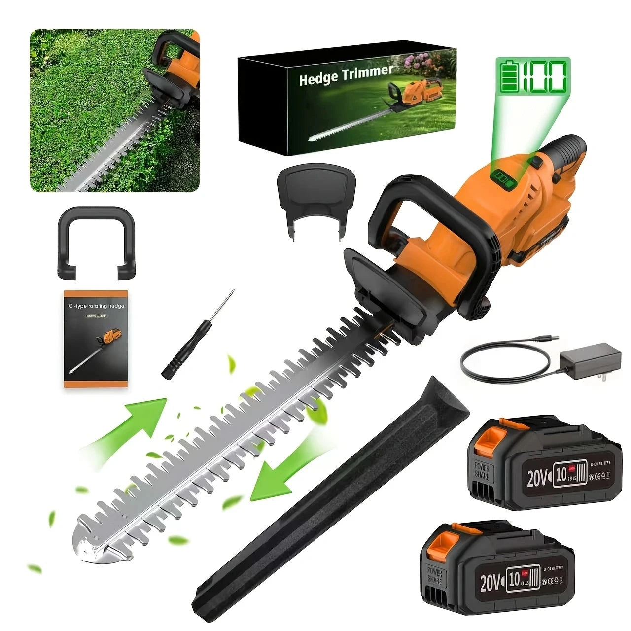 Firehelp Cordless Hedge Trimmer and Pruner, 20V Battery, 23.62-Inch Blade