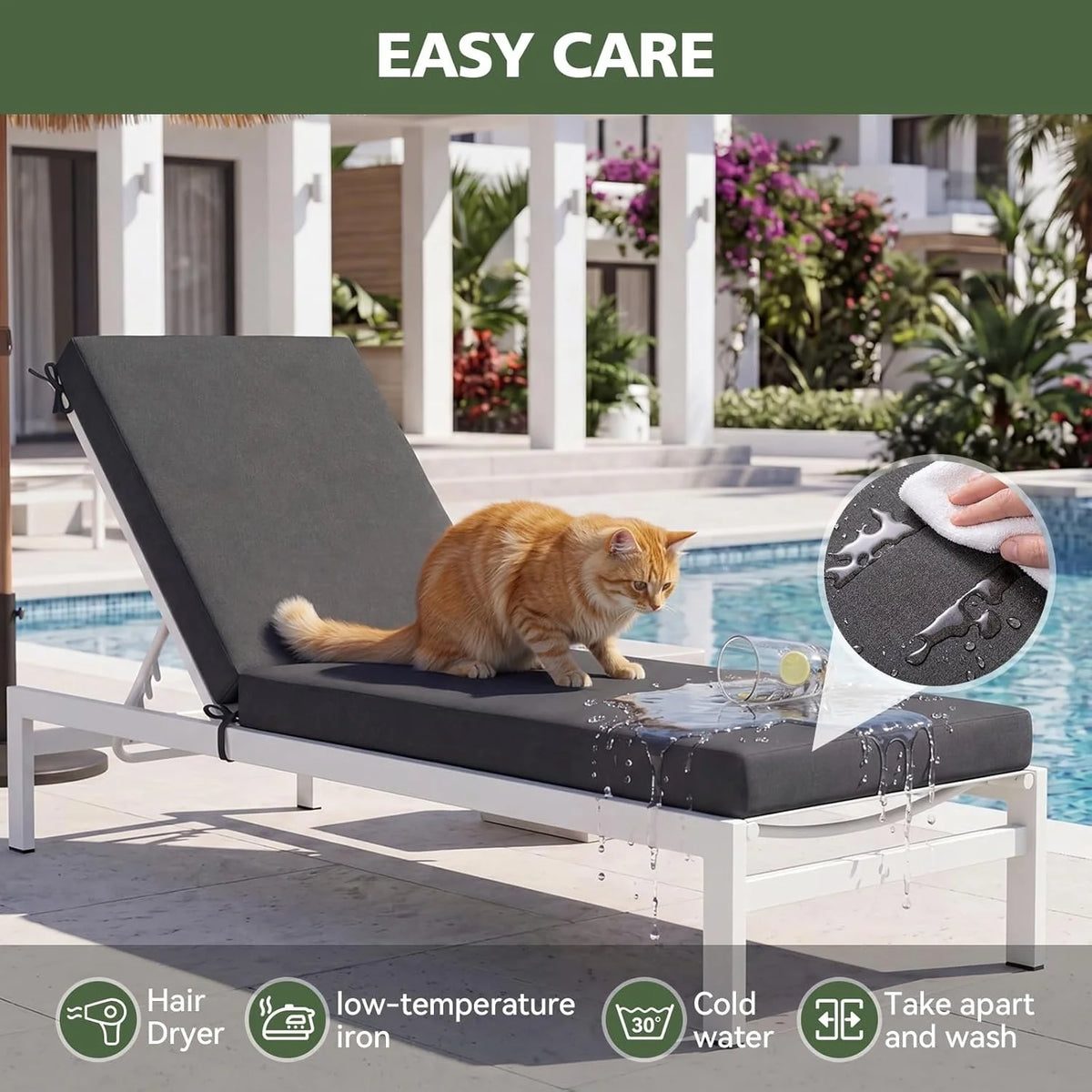 Aoxun Waterproof 72x21x3.5 Inch Chaise Lounge Cushion Set of 2 Patio Chair Replacement Pad with Removable Cover & 4 Ties Grey