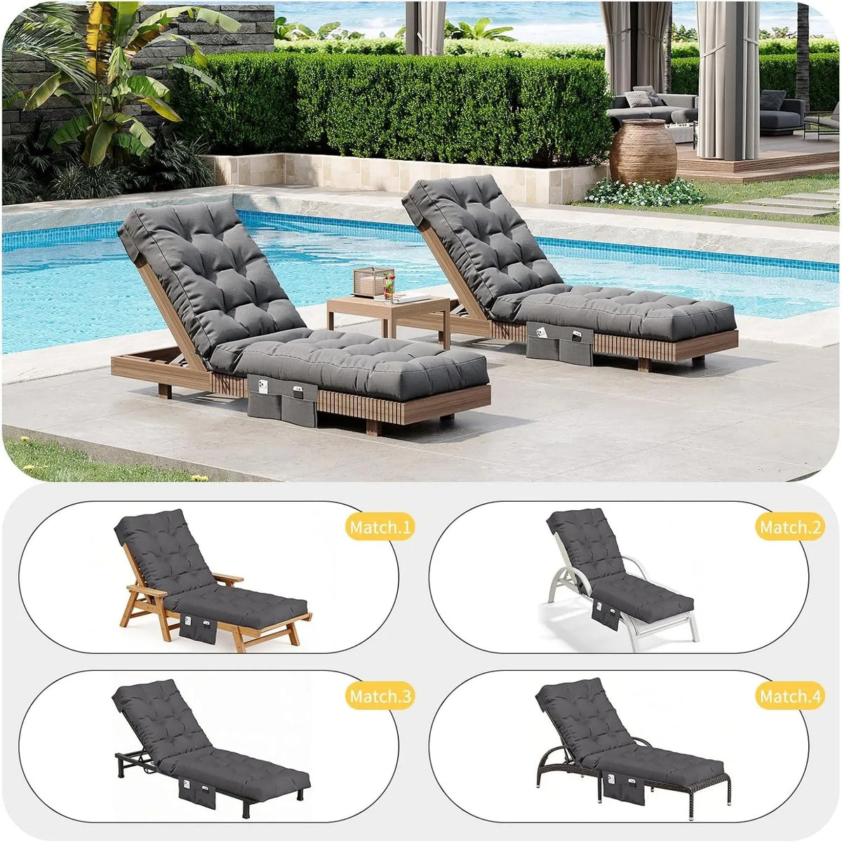 Aoxun Waterproof Outdoor Chaise Lounge Cushion with Storage Pocket, Replacement Patio Lounge Chair Pad with Ties, Grey (1-Pack / 2-Pack Options)