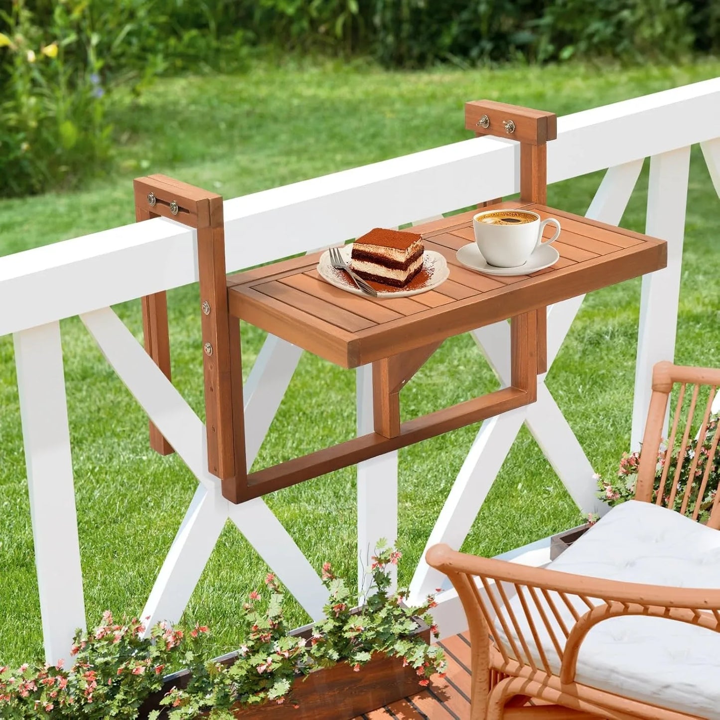 Acacia Wood Folding Balcony Table for Railings and Outdoor Use