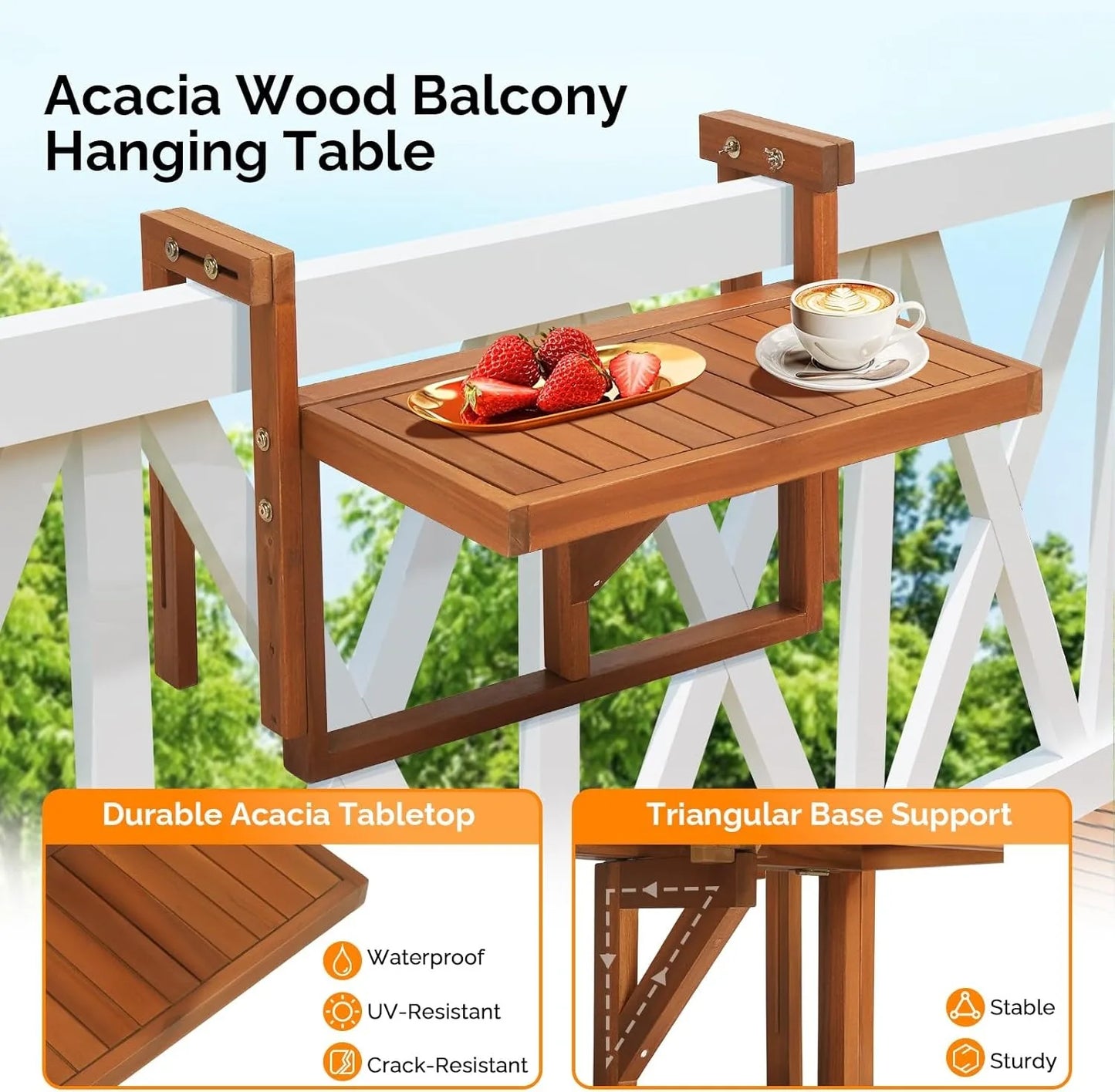 Acacia Wood Folding Balcony Table for Railings and Outdoor Use