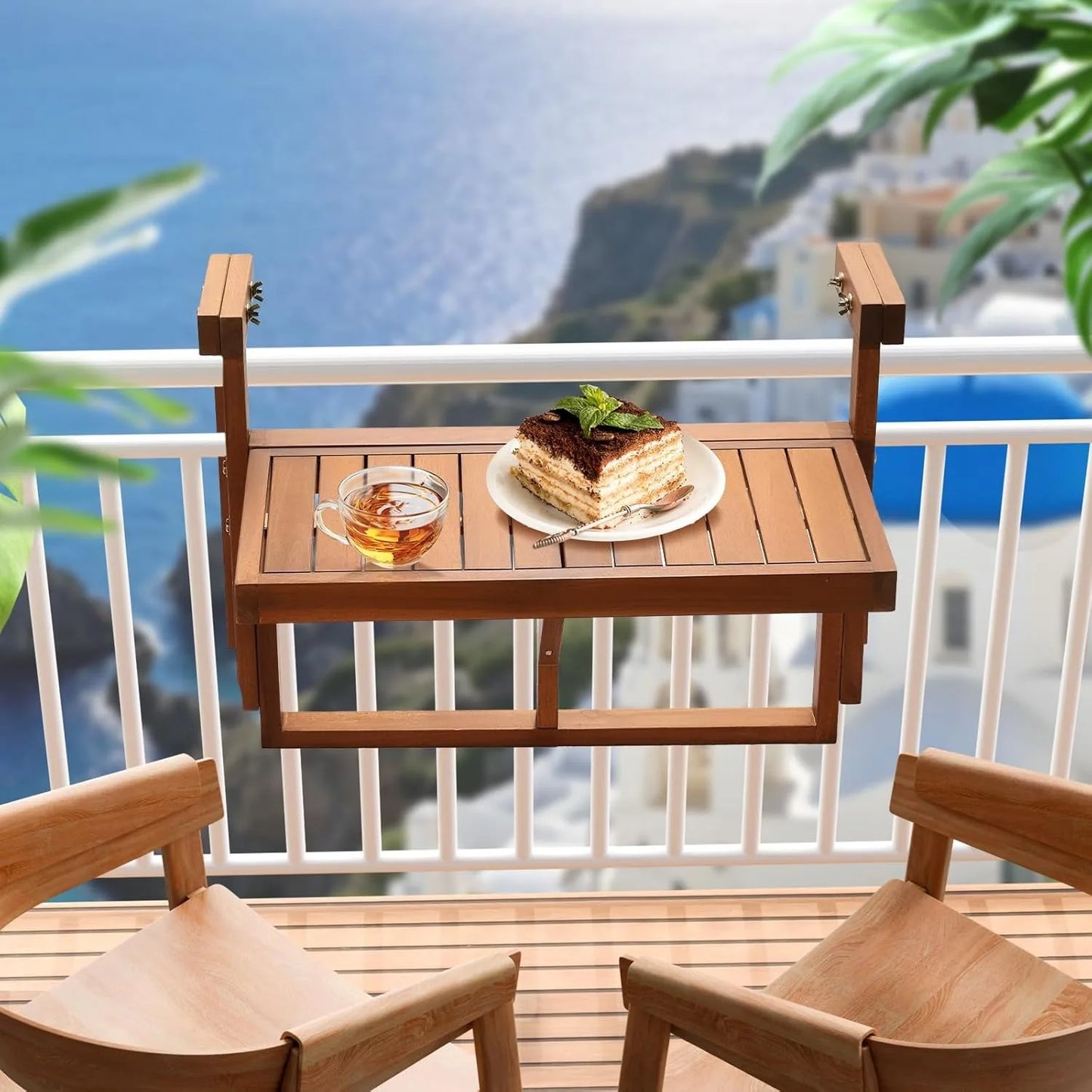 Acacia Wood Folding Balcony Table for Railings and Outdoor Use