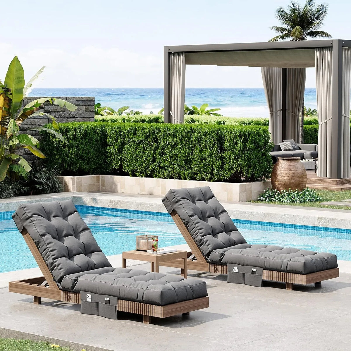Aoxun Waterproof Outdoor Chaise Lounge Cushion with Storage Pocket, Replacement Patio Lounge Chair Pad with Ties, Grey (1-Pack / 2-Pack Options)