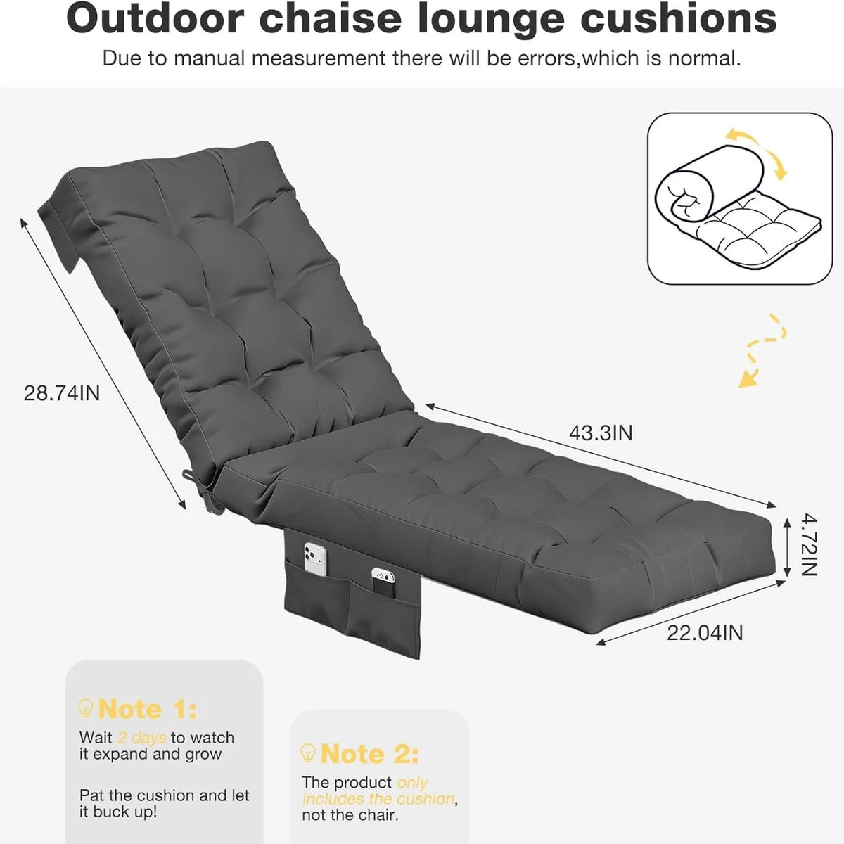 Aoxun Waterproof Outdoor Chaise Lounge Cushion with Storage Pocket, Replacement Patio Lounge Chair Pad with Ties, Grey (1-Pack / 2-Pack Options)