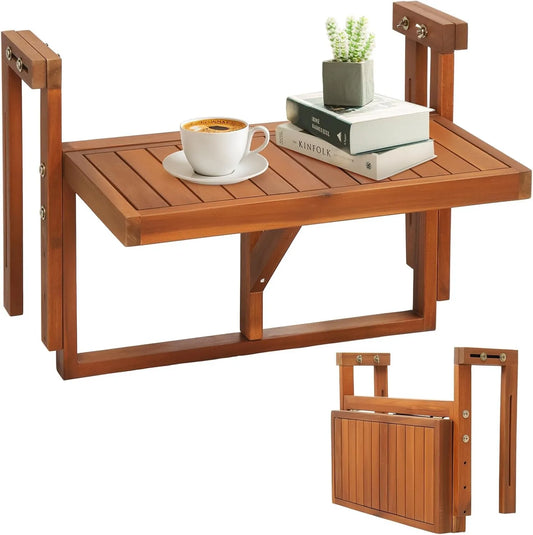 Acacia Wood Folding Balcony Table for Railings and Outdoor Use