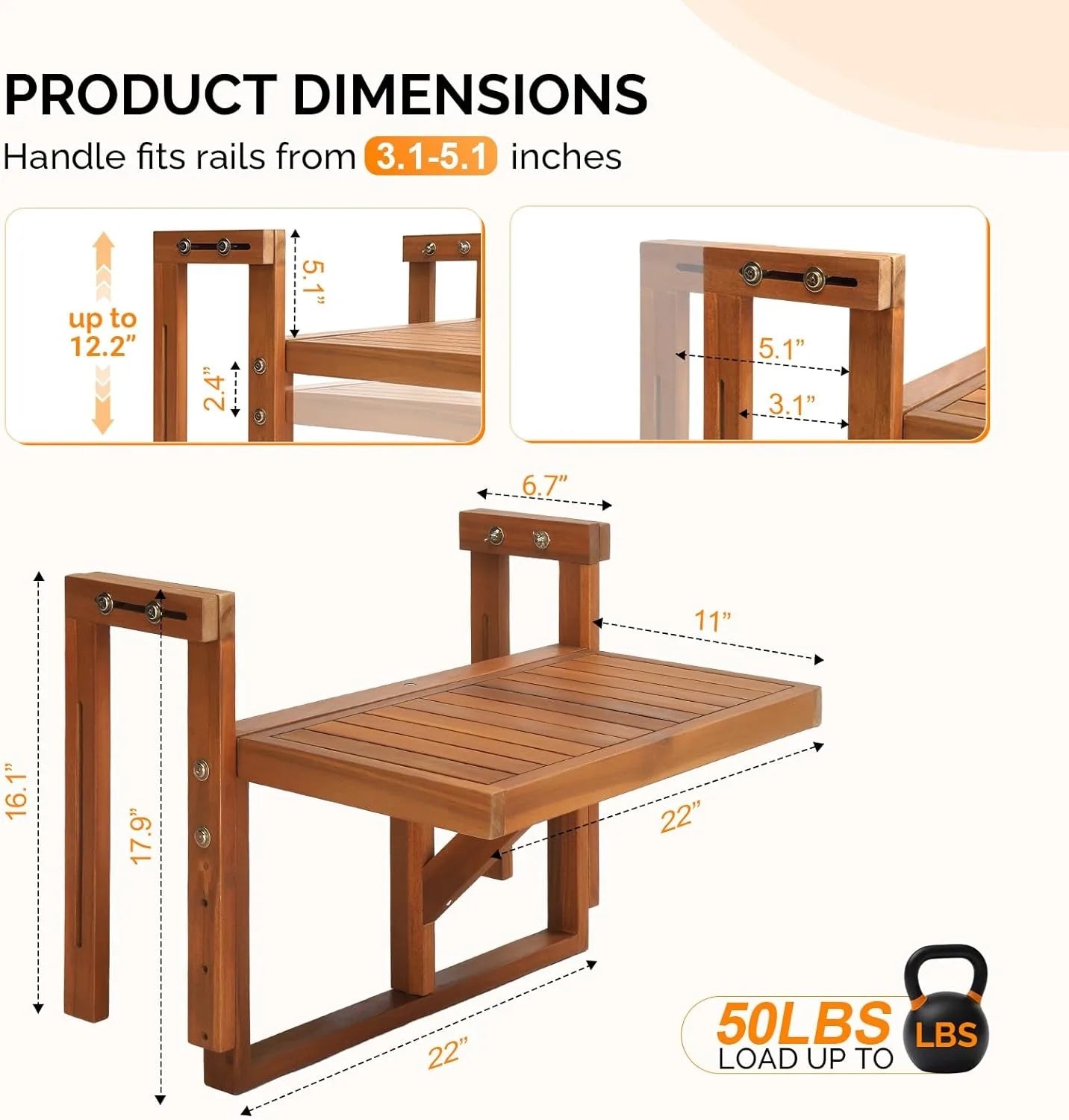 Acacia Wood Folding Balcony Table for Railings and Outdoor Use