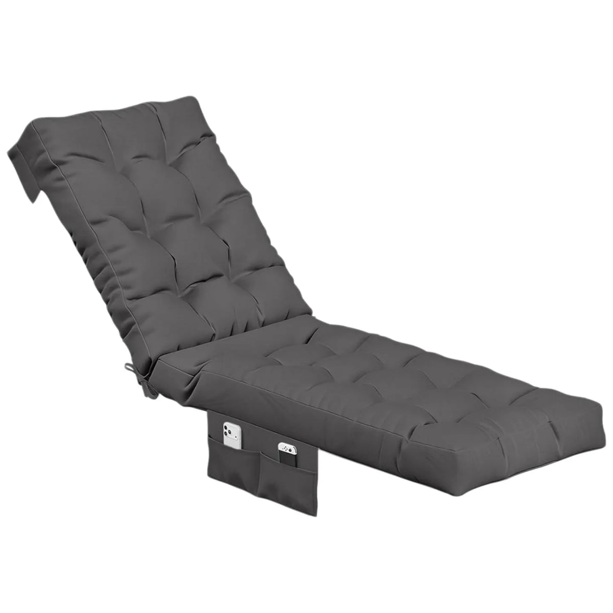 Aoxun Waterproof Outdoor Chaise Lounge Cushion with Storage Pocket, Replacement Patio Lounge Chair Pad with Ties, Grey (1-Pack / 2-Pack Options)