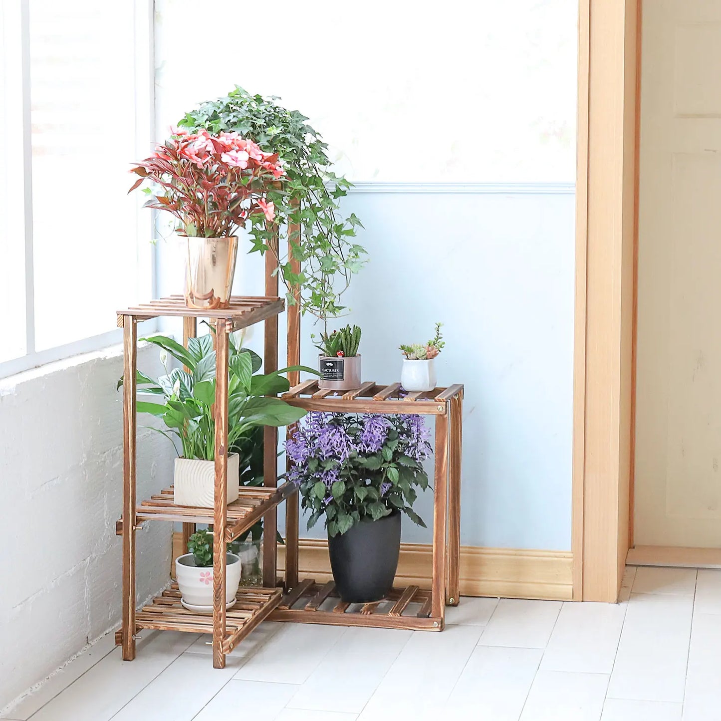 BINGOPAW 6-Tier Plant Corner Stand Wood Shelf Indoor Outdoor