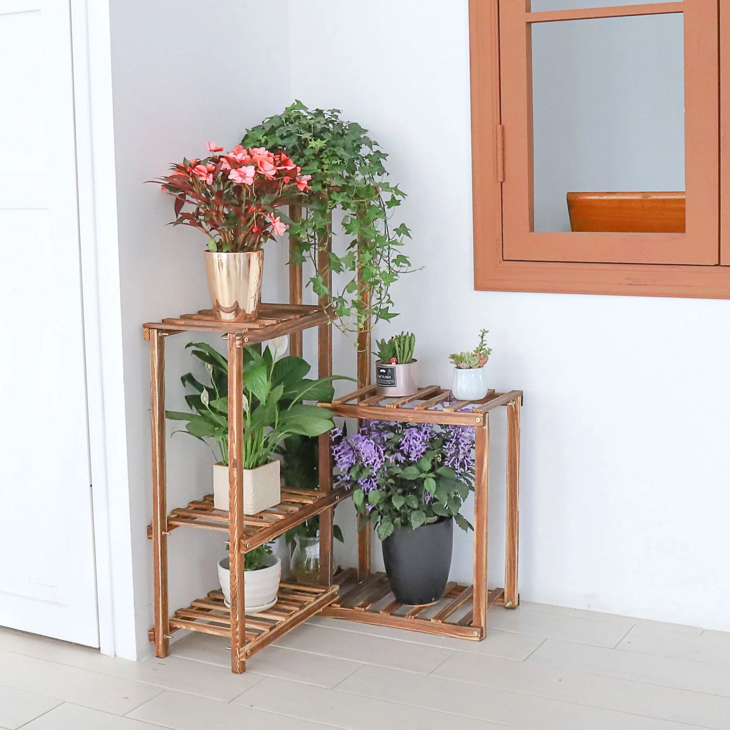 BINGOPAW 6-Tier Plant Corner Stand Wood Shelf Indoor Outdoor