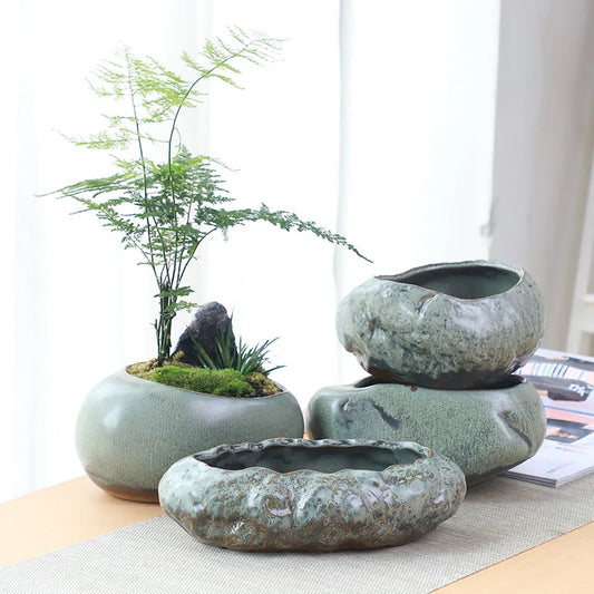 Retro Ceramic Flower Pot for Desktop Succulents Handmade