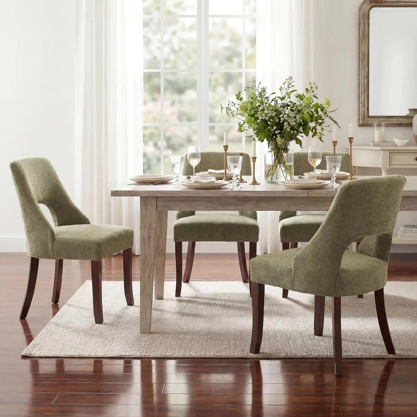 Wooden Dining Chairs Set Of 2 Mid Century Modern Chenille Upholstered