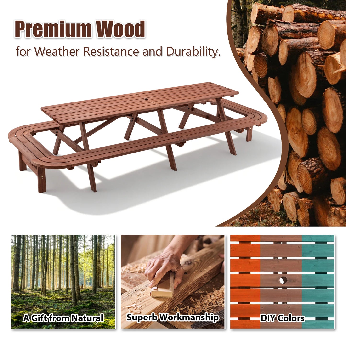 Wooden Outdoor Picnic Table With Umbrella Hole For Patio Deck