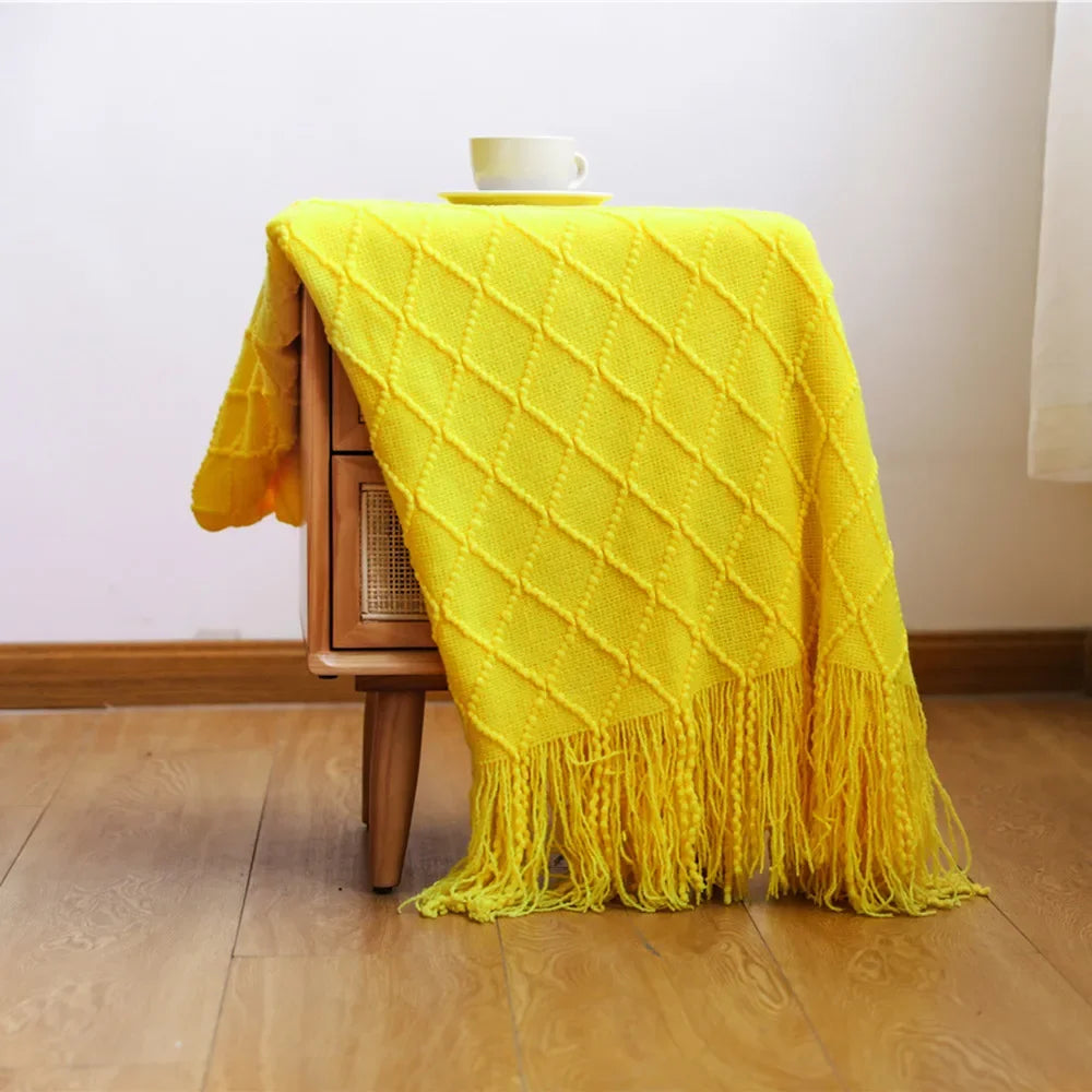 Acrylic Knitted Throw Blanket With Tassels For Sofa And Bed