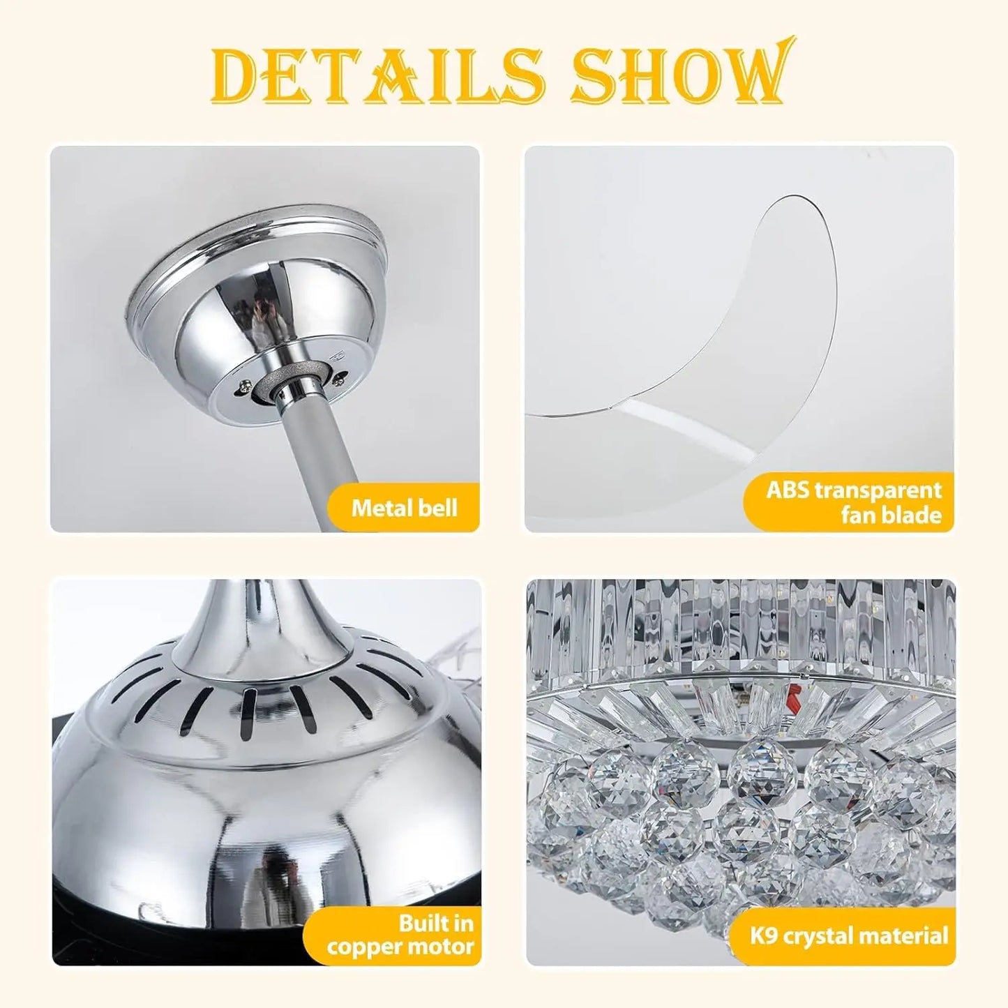 Crystal Ceiling Fan With Light Remote Retractable Blades 6 Speeds