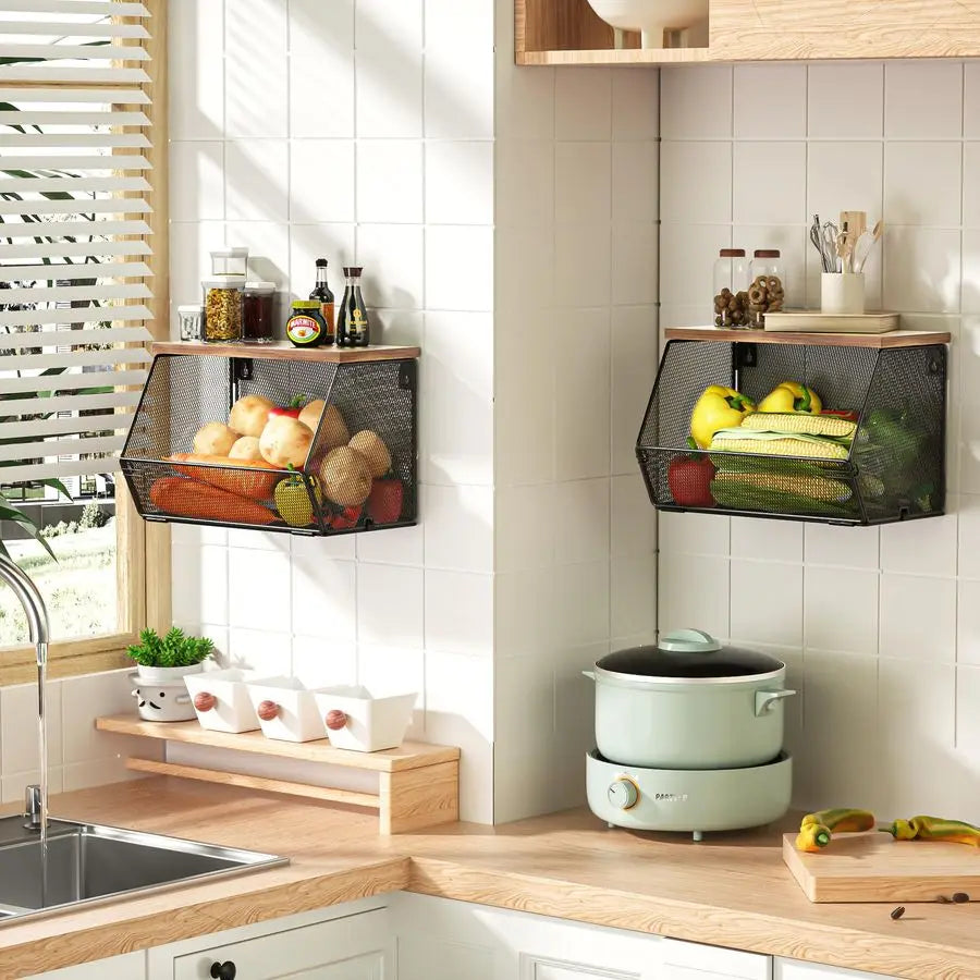 Fruit Basket for Kitchen Countertop Space Saving, Wall Mounted Mesh Metal Wire Baskets with Wood Lid Extra Storage, 2 Pack Kitch