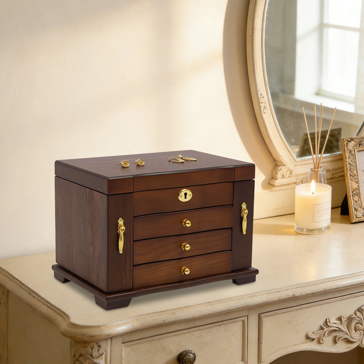 4-tier Multi Functional Jewelry Box Wooden Jewelry Storage Box with Combo Lock for Jewelries, Ring,Necklace and Watches