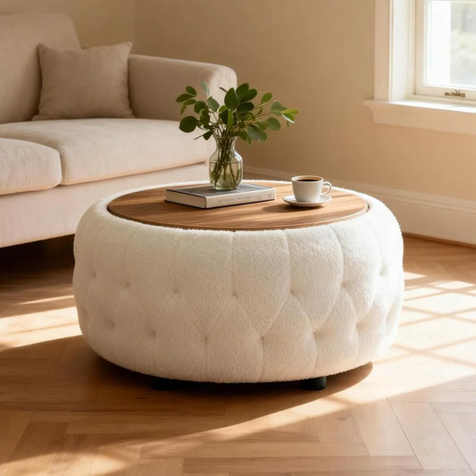 Round Storage Ottoman Coffee Table With Teddy Fabric