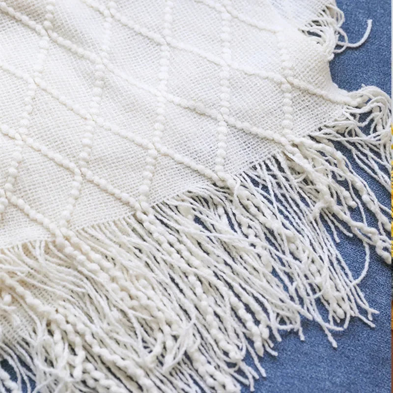 Acrylic Knitted Throw Blanket With Tassels For Sofa And Bed