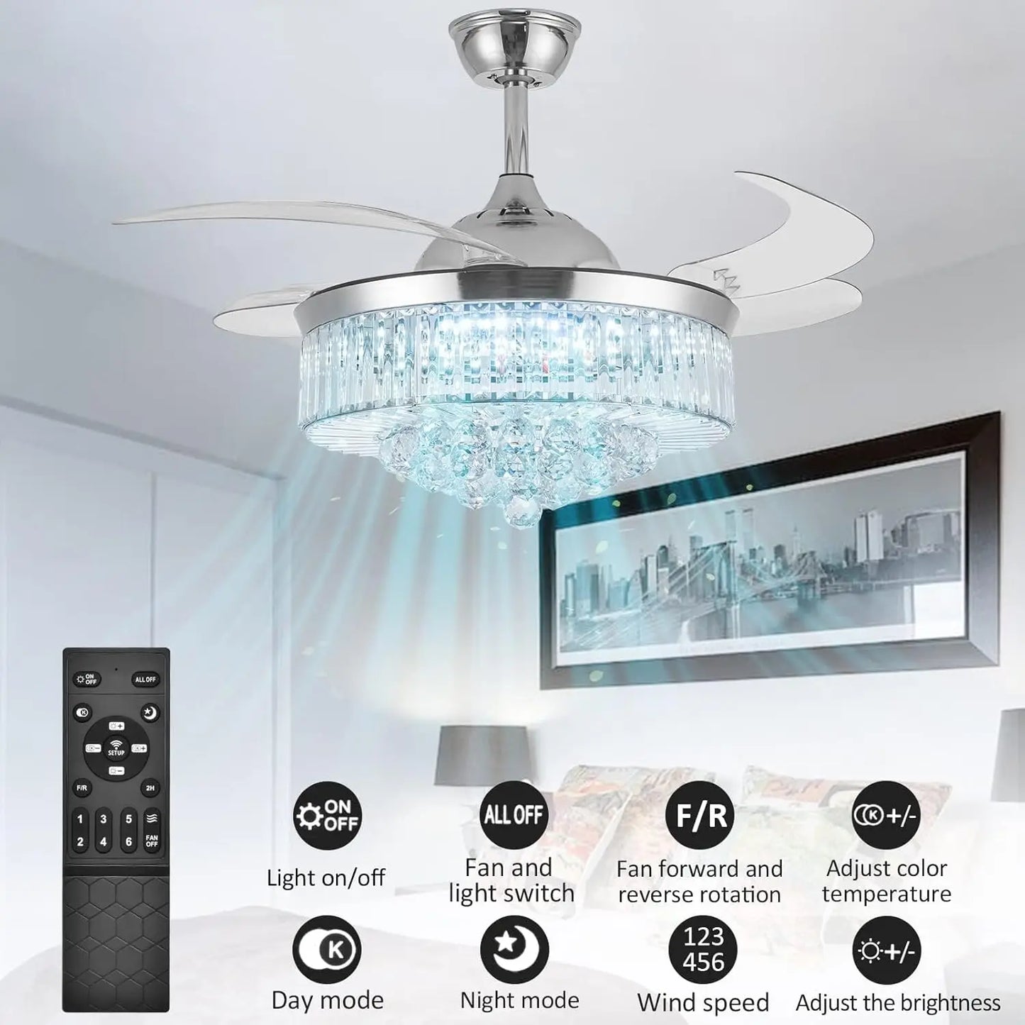Crystal Ceiling Fan With Light Remote Retractable Blades 6 Speeds